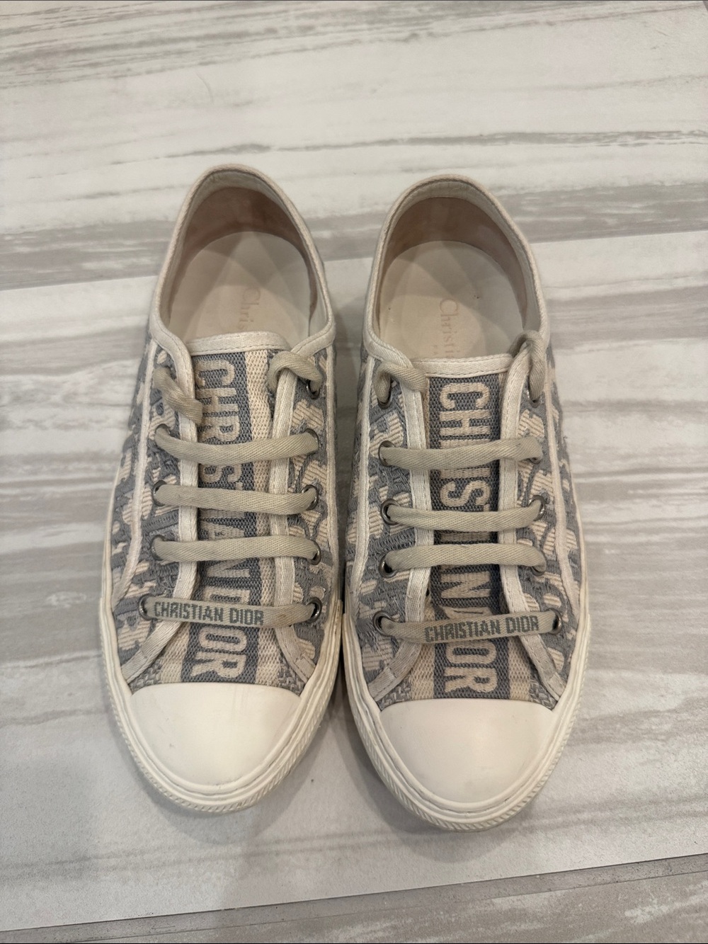 Dior Beige and Blue Logo Canvas Low-Top Sneakers